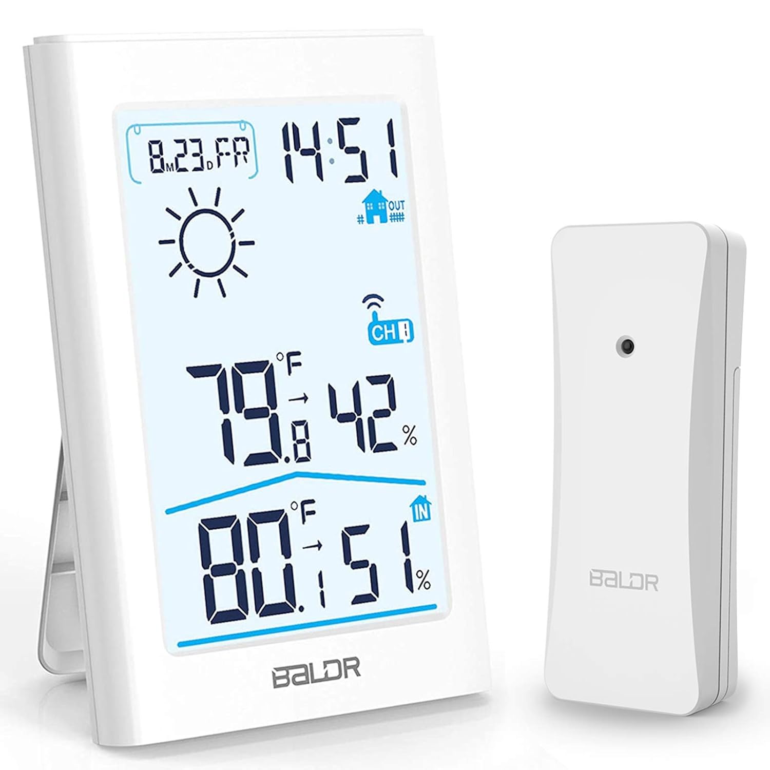 Slopehill Weather Station, Wireless Indoor Outdoor Thermometer Hygrometer with Remote Sensor, Digital Temperature and Humidity Monitor with Weather Forecast, Date/Time Display, Alarm Clock, Backlight