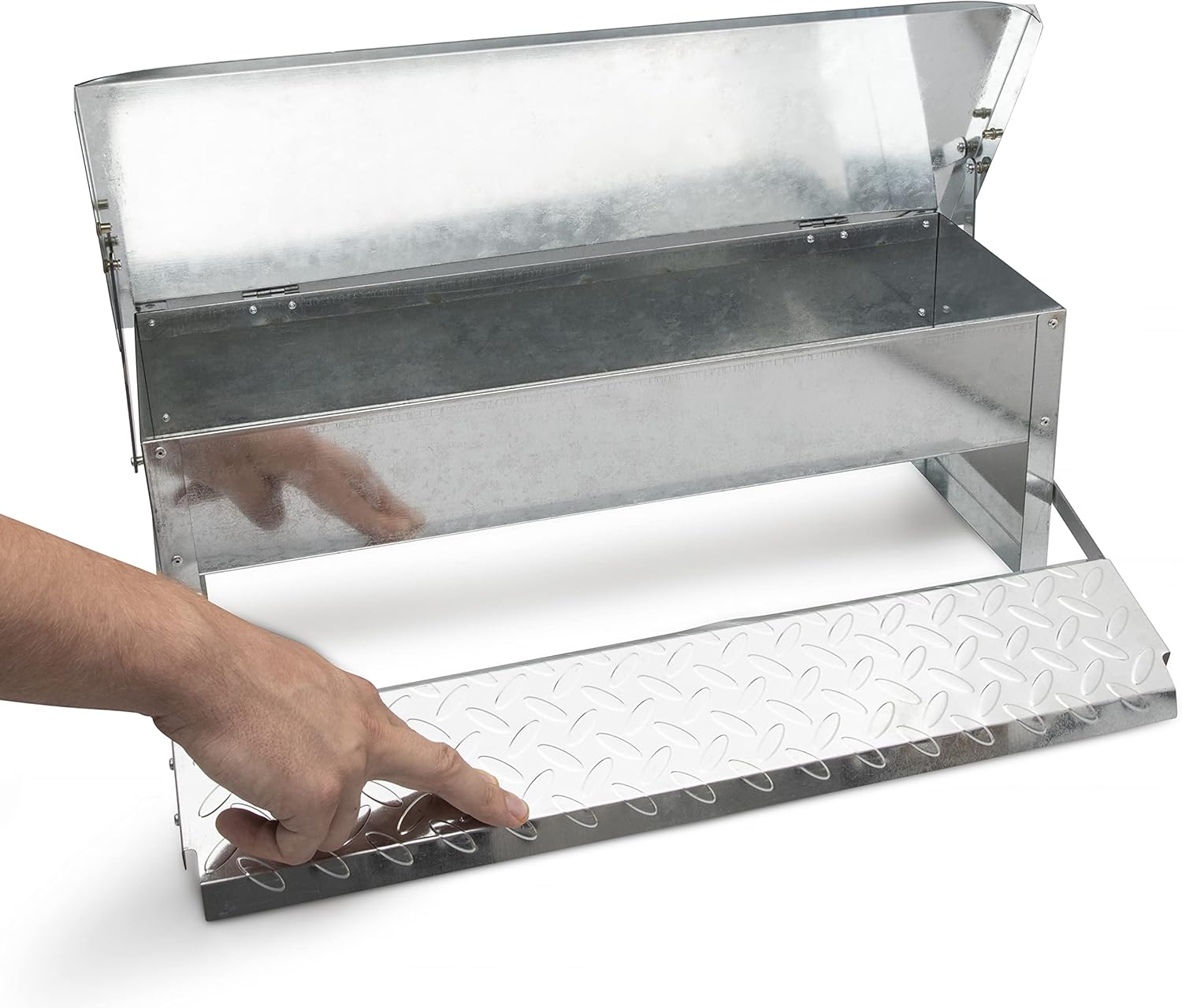 Automatic Chicken Feeder Treadle - Self-Opening Galvanized Steel Trough - Sturdy Weatherproof Poultry Feeders - Holds up to 11 lb of Feed - includes Grain Scoop