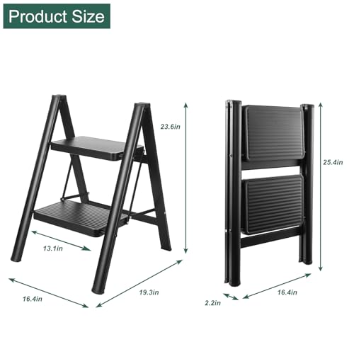 4 Step Ladder, Folding Step Stool for Adults with Wide Anti-Slip Pedal, Lightweight, Perfect for Kitchen& Household, Library Office,330lbs Capacity Sturdy Steel Ladder,Black