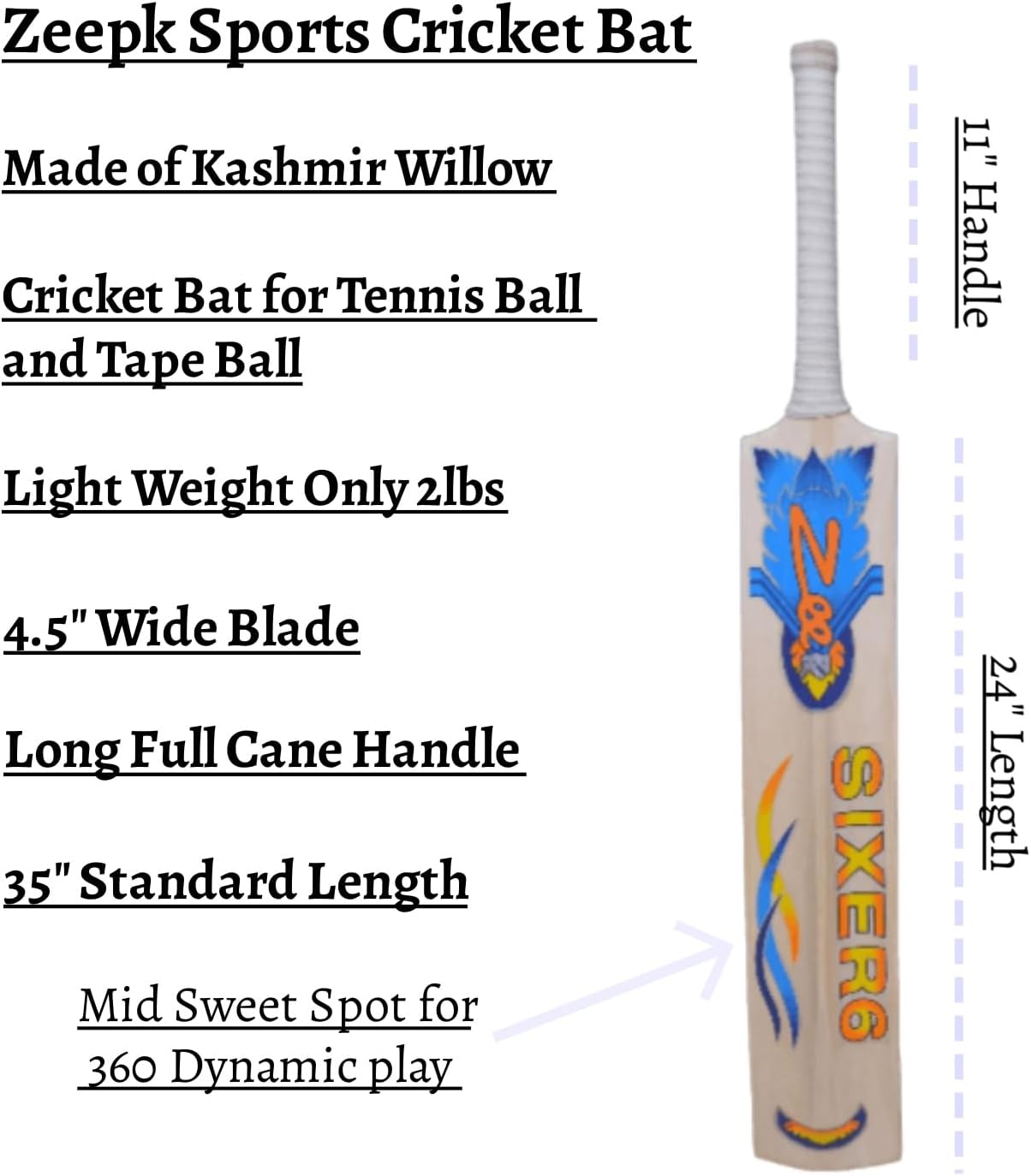 Cricket Bat Zeepk SIXER6 Tennis Tape Ball Full Size 4.5
