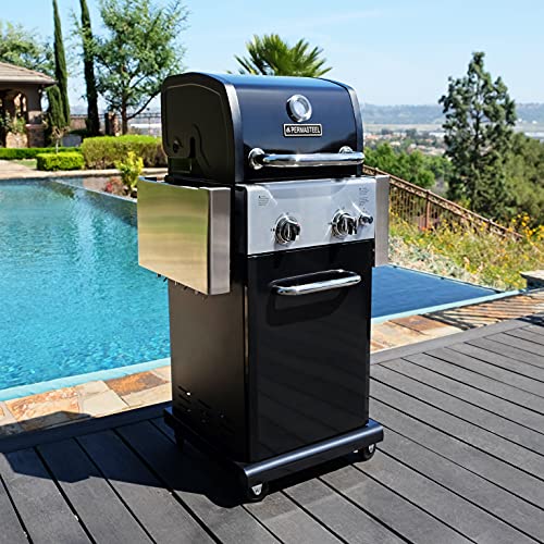 Permasteel 2-Burner Gas Grill, Foldable Side Tables, Grilling Tool Hooks, Propane Gas Barbecue Grill, Black with Copper Accent