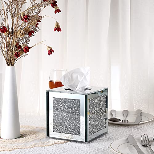 Sumnacon Crystal Square Tissue Box Cover - Sparkly Glass Cube Tissue Box Holder, Decorative Facial Tissue Holder for Bathroom Vanity Dresser Night Stand Table Countertop Office Home Decor, Silver