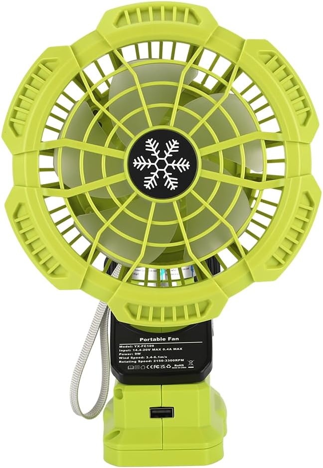 Portable Clip on Fan Cordless, Personal Battery Operated Fan for Ryobi 18V One+ Lithium Battery 3 Speed Camping Fan with USB Port 330° & 110° Pivoting Rechargeable Fan Powerful Wind