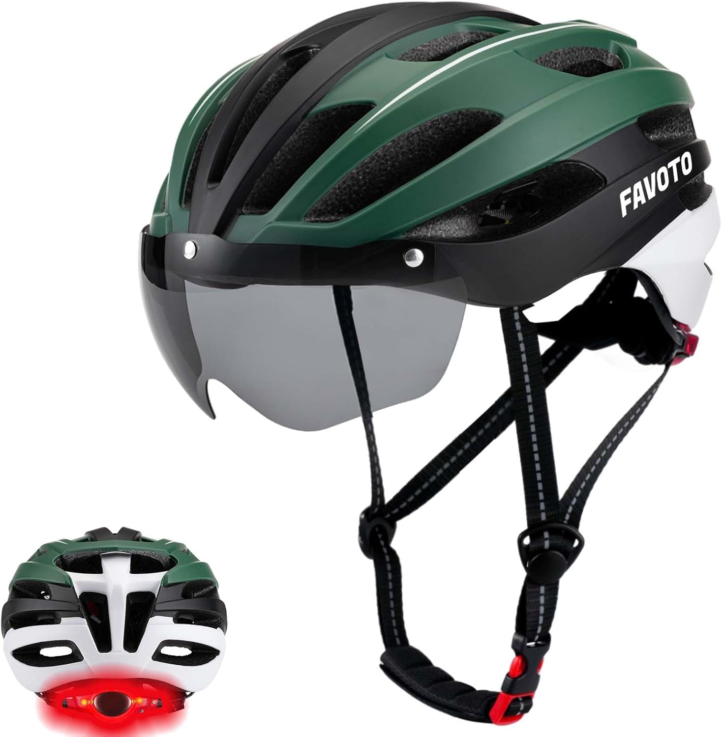 Favoto Bike Helmet with Light - Bicycle Helmet with Removable Magnetic Goggles and USB Rechargeable Taillight Mountain and Road Cycling Helmets for Men and Women