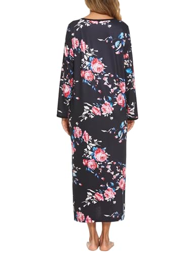 Ekouaer Women Long House Coat Zipper Front Robes Full Length Nightgowns with Pockets Striped Loungewear S-4XL