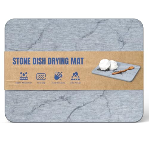 Quick Dry Stone Drying Mat for Kitchen Counter, Water-Absorbent Diatomaceous Dish Drying Mats, Multi-Purpose Stone Drying Tray for Cups Dishes Bottles, Ivory-Marble