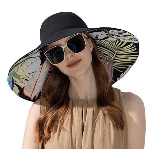 Super Wide Brim Sun Hat for Women Packable Reversible Double-Side-Wear Hats UV Protection Summer Beach Bucket Cap