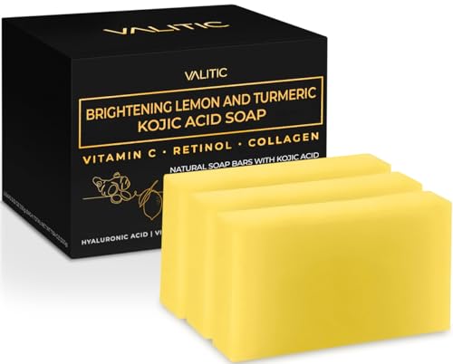 VALITIC Brightening Lemon & Turmeric Kojic Acid Soap with Vitamin C, Retinol, Collagen - Original Japanese Complex - with Hyaluronic Acid, Vitamin E, Shea Butter, Castile Olive Oil 2 Pack+Holder