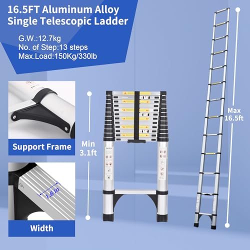 Telescoping Ladder 16.5 FT Extension Ladder Aluminum Lightweight Telescopic Ladder with 2 Triangle Stabilizers Telescoping Attic Ladder RV Ladders for Travel Collapsible Ladders for Home
