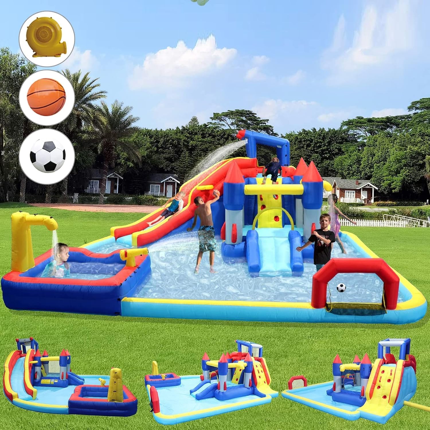 10 in 1 Inflatable Water Slide Bounce House for Kids,19ft L x 17ft W x 8ft H,Blow Up Water Slide for Backyard,Inflatable Pool Slide with Blower,Splash Pool & Water Gun & Climbing Wall & Dual Pools
