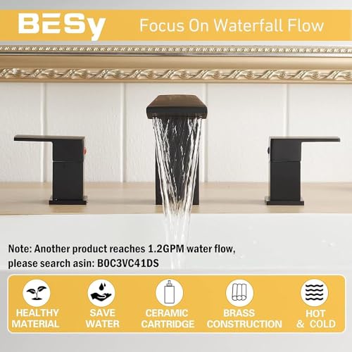 BESy Bathroom Faucet 3 Holes Two Handles Lavatory Vanity Sink Faucet Widespread 8 Inch Bathroom Sink Faucet, Waterfall Bathroom Sink Faucet with Supply Hoses, with Pop Up Drain, Brushed Nickel