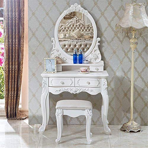 Luxurious Makeup Vanity Desk for Princess's Gift, 2 in 1 Makeup Vanity Desk European Style Dressing Table Mini Dressing Desk Solid Carved Table with Stool(80cm)