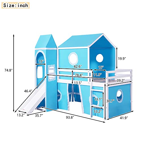 Castle Shaped Loft Bed with Slide and Tower, Twin Size Wooden House Floor Bunk Bed Frame with Tent, for Kid's Bedroom Furniture (Blue)