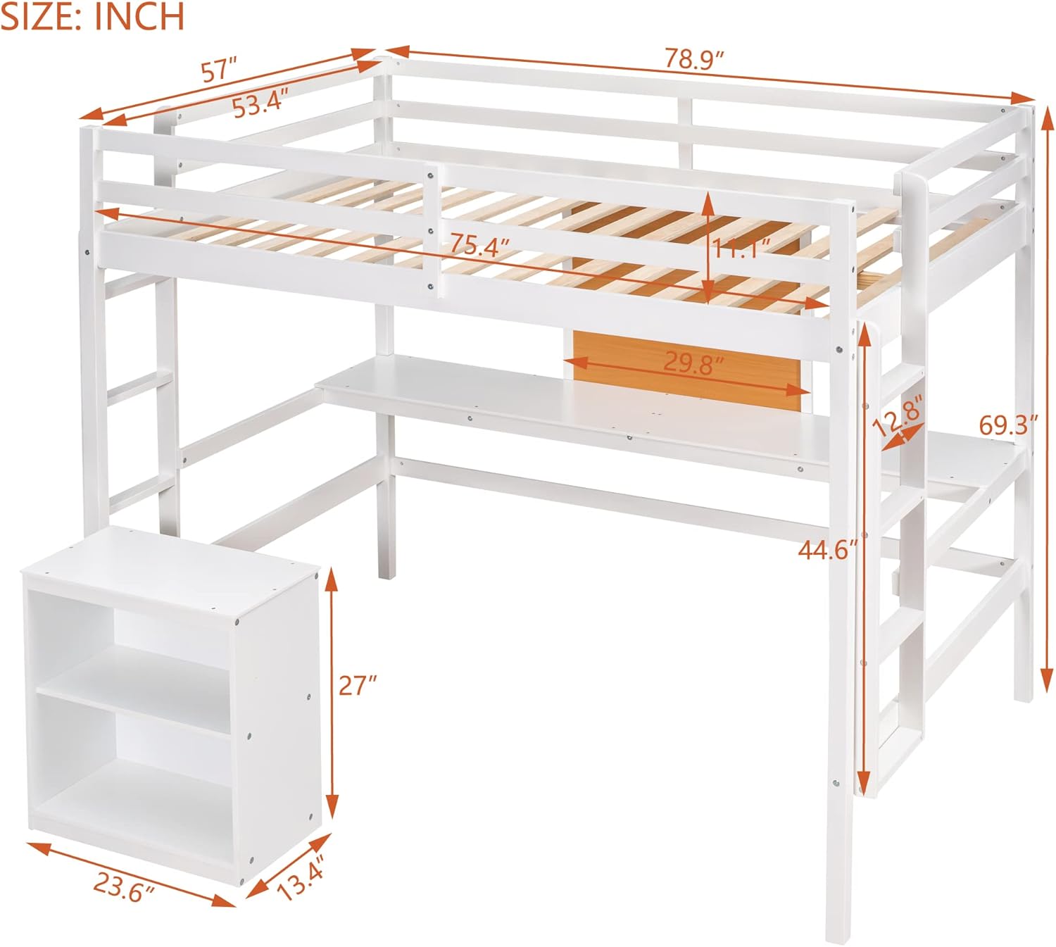 Full Size Loft Bed with Desk, 2 Storage Cabinet and Writing Board, Wooden Full Loft Bed Frame with Slat for Kids Teens Adults,White