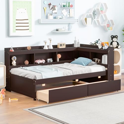 Full Size L-Shaped Daybed with Bookcases and 2 Storage Drawers, Modern Wood Bed Frames for Bedroom, Black