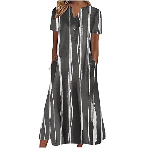 Summer Dresses for Women 2024 Half Sleeve Henley Neck Graphic Casual Loose Fit Flowy Beach Maxi Dress with Pocket
