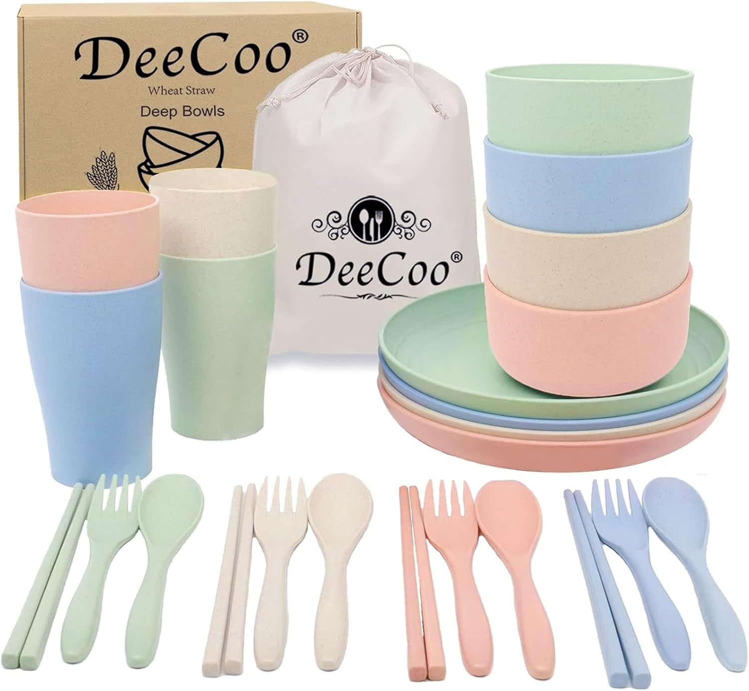 DeeCoo Wheat Straw Dinnerware Sets of 4 (24pcs), Unbreakable and Lightweight Serving Bowls, Cups, Plates, Chopsticks, Forks, Spoons Set, Microwave & Dishwasher Safe Dish Bowl for Kids or Picnics