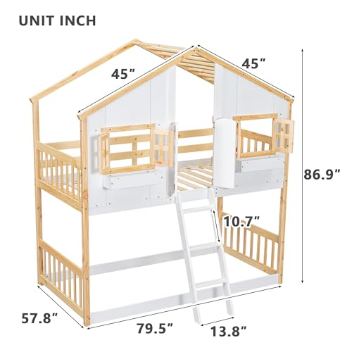 Twin Over Twin House Bunk Bed with Roof, Window, Window Box, Door, with Safety Guardrails and Ladder,White