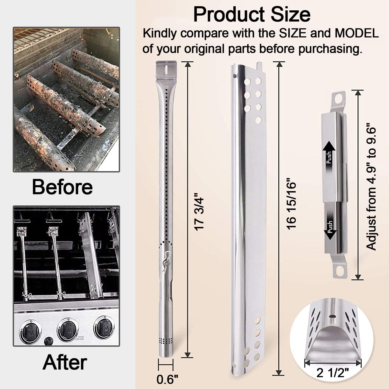Grill Replacement Part for Charbroil Performance 6 Burner, Stainless Steel Grill Burner for Charbroil 463244819 463238218 463276517 Gas Grills, Heat Plate for 4 Burner 463347017, 5 Burner 463347519