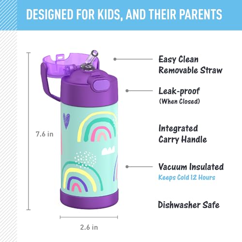 THERMOS FUNTAINER 12 Ounce Kids Insulated Water Bottles with Straw, Purple Hearts & Dreamy Patterns