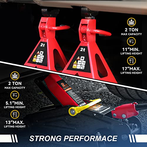 Auto Dynasty Universal Low Profile Garage Hydraulic Trolley Service Lift Floor Jack Combo with Ratchet Jack Stands, 2 Ton (4000 lbs) Capacity, Alloy Steel