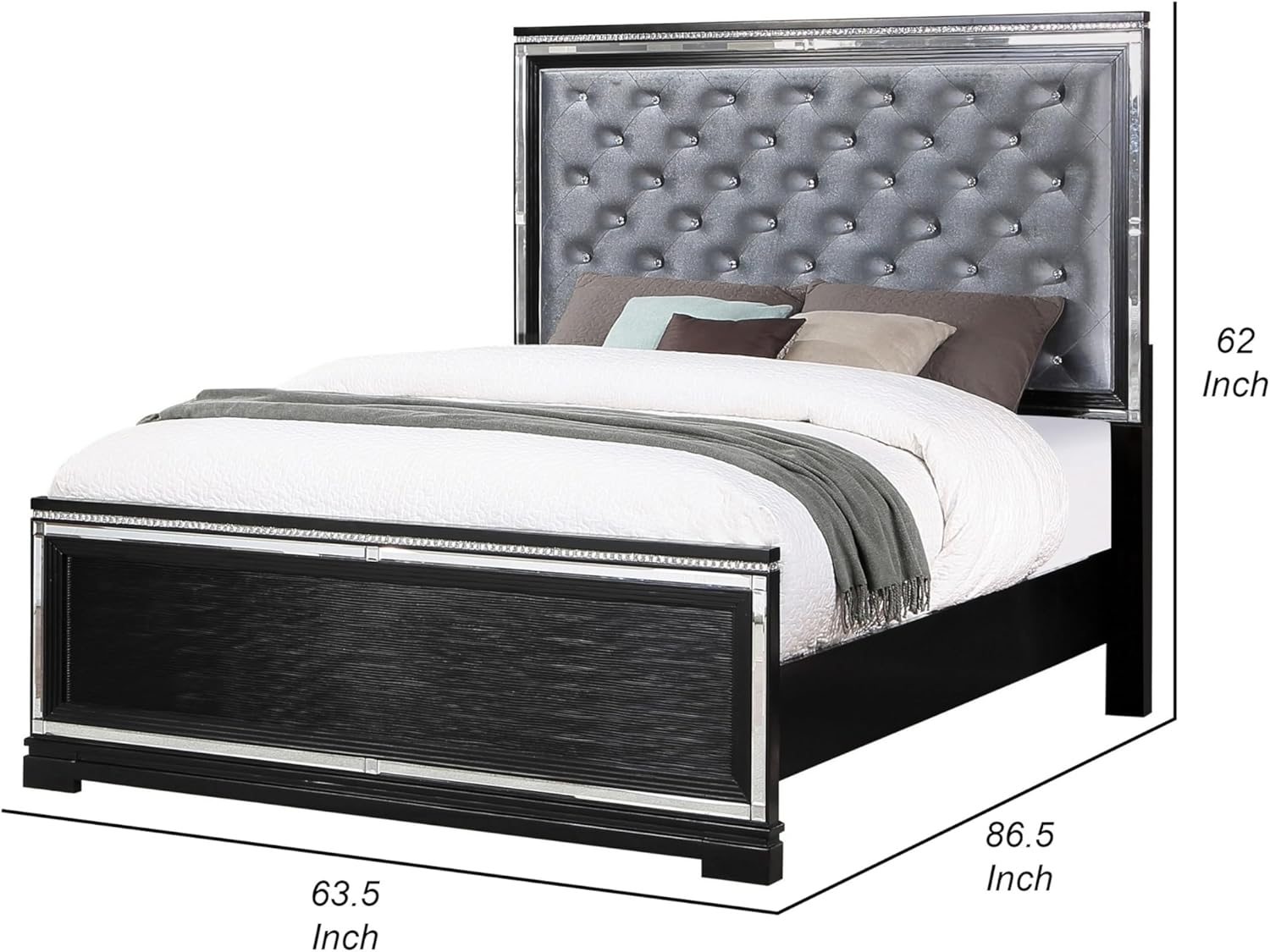 Benjara Axl Foam Queen Bed, Tufted Headboard, Velvet Upholstery, Frame, Silver and Black