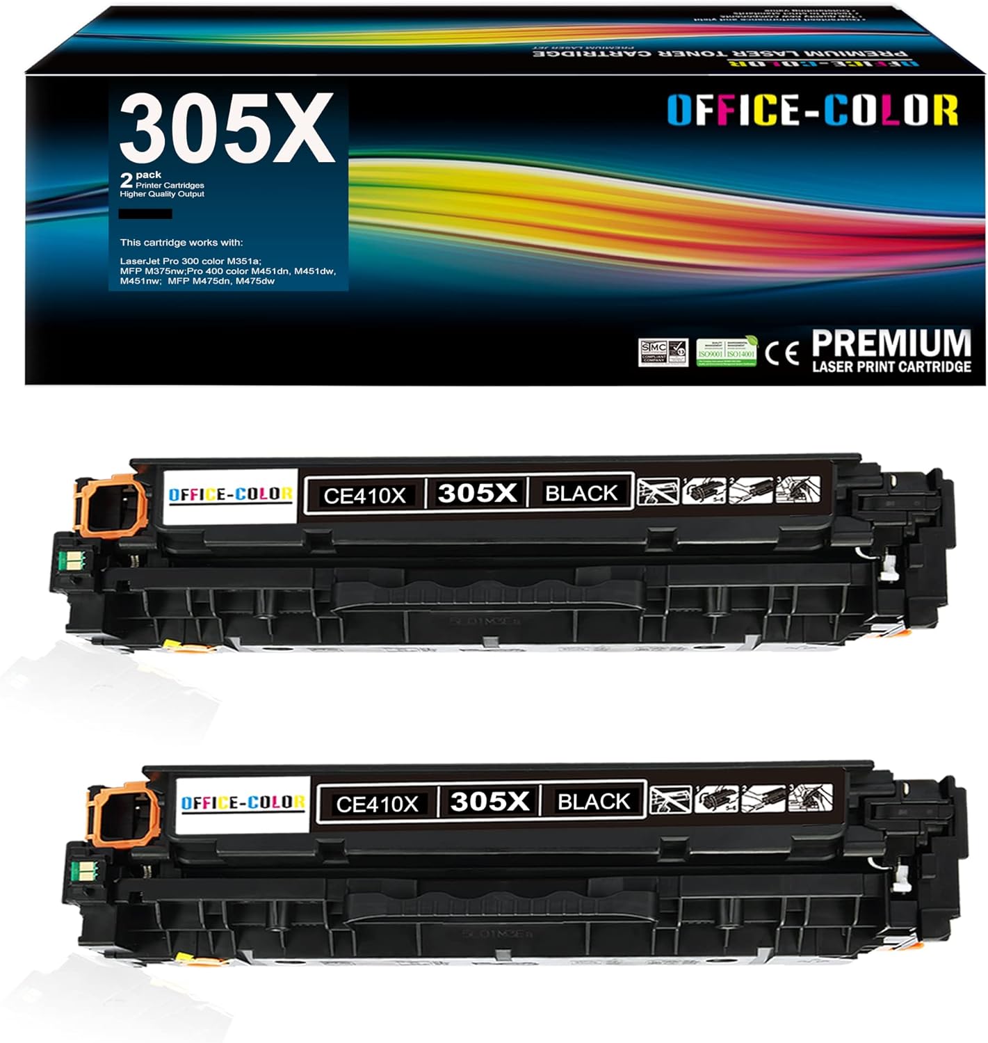 OFFICE-COLOR Replacement for HP 305X Black CE410X Toner Cartridge for HP LaserJet Pro 400 Color M451dn M451nw M451dw MFP M475dw M475dn Pro 300 M375nw (2 Pack)