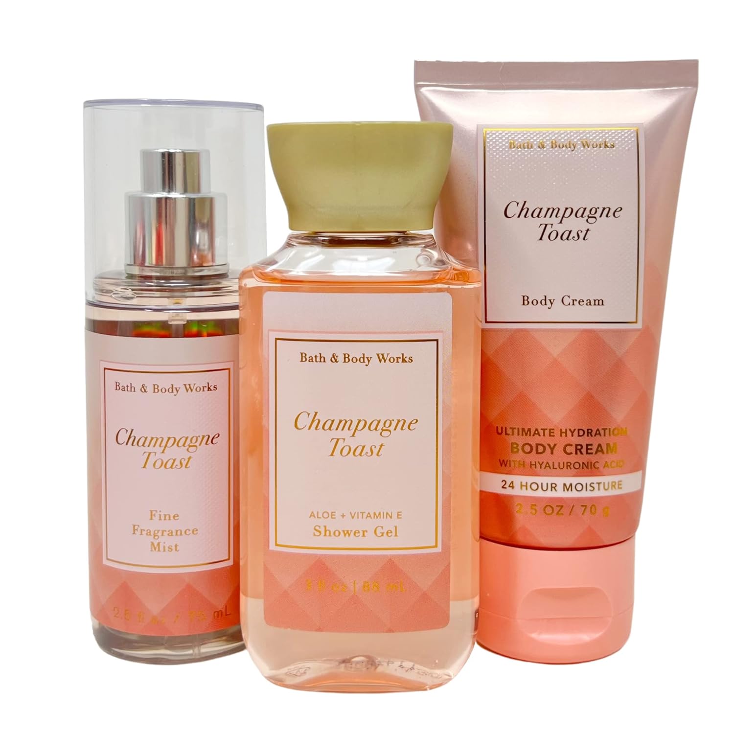 Bath and Body Works CHAMPAGNE TOAST Mini Gift Box Set Travel Size Shower Gel - Ultimate Hydration Body Cream and Fine Fragrance Mist in a decorative gift box with a handle and bow, Pink, 4.0 Count