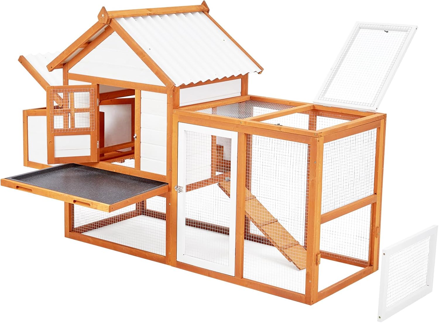 Outdoor Chicken Coop Wooden Hen House with Run, Poultry Cage w/Ramps, Nesting Box, 5 Access Areas, Wire Fence, Removable Bottom for Easy Cleaning