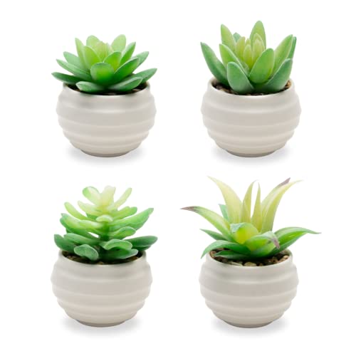 VIVERIE Mini 4Pcs Emerald Green Artificial Succulents in Plastic Pots - Sage Green Room Decor Aesthetics, Zen Garden, Office Decor, Tabletop Centerpiece, Cottagecore Indoor Plants, Cactus Décor