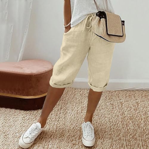 Womens Linen Blend Summer Boho Pant Trousers Elastic Waisted Baggy Stretchy Loose Fit Palazzo Lounge Pants Vacation