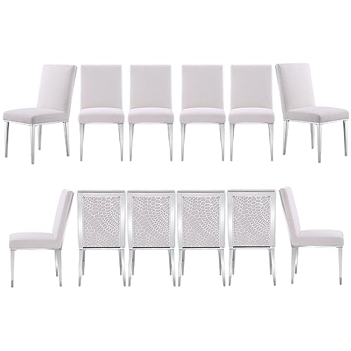 AZhome White Boucle Dining Chairs, Upholstered Dining Chairs with Gorgeous Gold Metalic Geometric Back, Polished Stainless Steel Legs, Set of 2