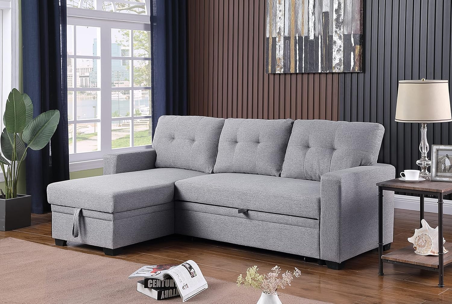 Devion Furniture Lenna Reversible Sectional Sleeper Sofa & Chaise, Light Gray