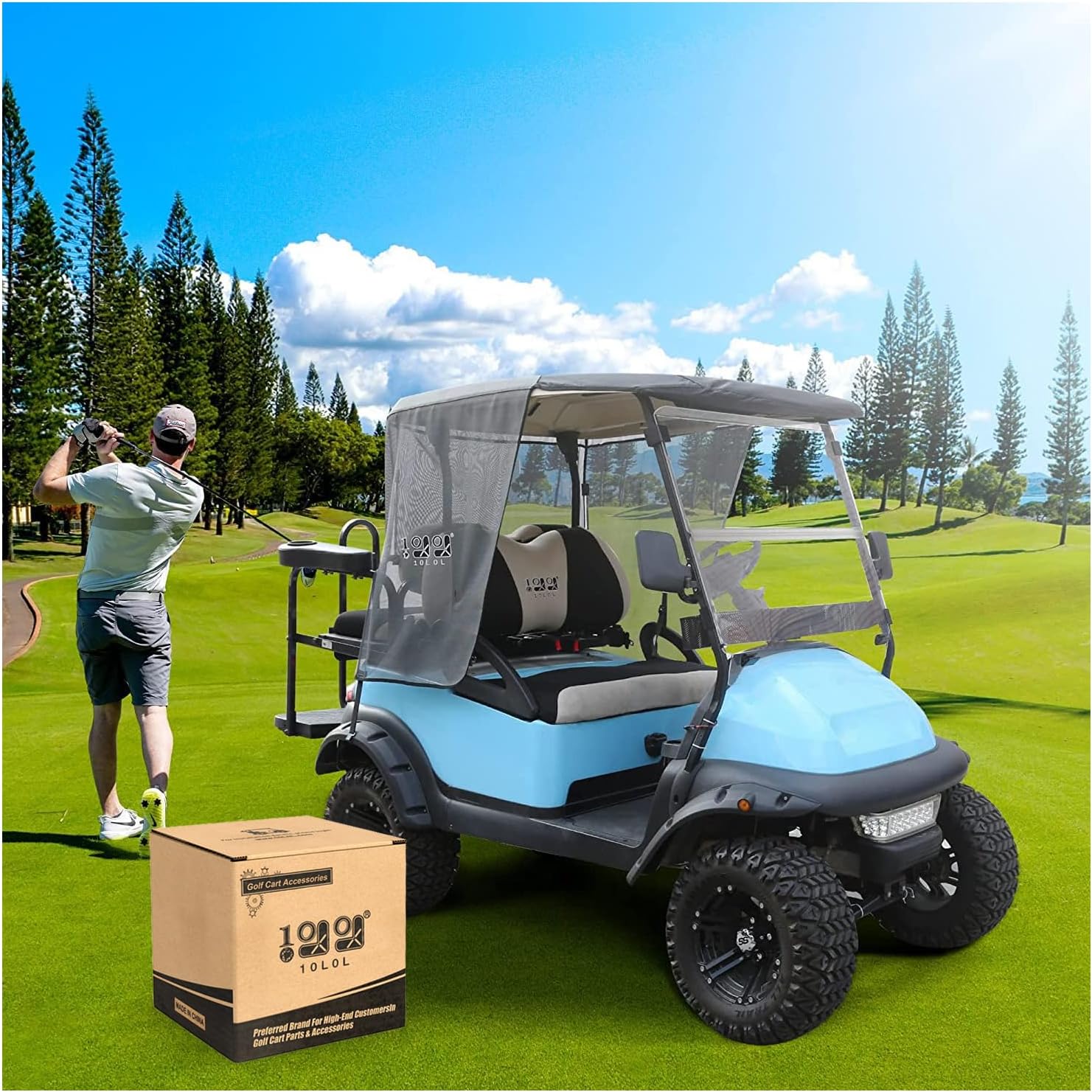 10L0L Golf Cart Sun Shade Cover Fit EZGO TXT and Club Car Precedent, Superior UV& Sun Heat Blocking, Encrypted Polyester Mesh Sun Cover, Very Easy to Install (Black/Grey)