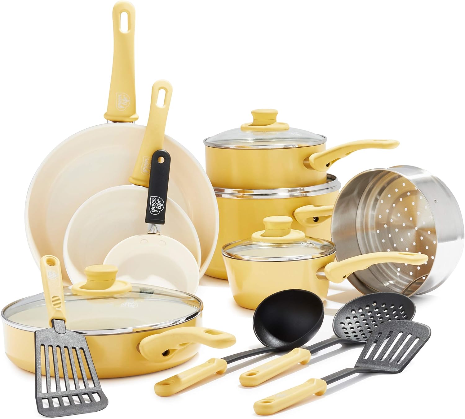 GreenLife 16 Piece Ceramic Nonstick Cookware Set with Kitchen Utensils and 2 Piece Cutting Board Set, Yellow