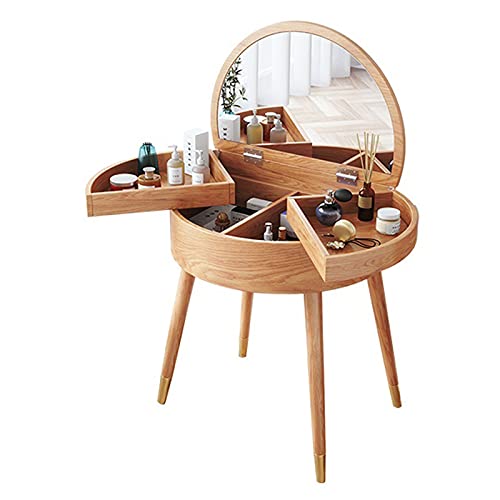 Vanity Table Mini Clamshell Dressers Bedroom Furniture Dressing Table Round Collapsible Wooden Vanity Tables with Mirror Dressing Table(Natural)