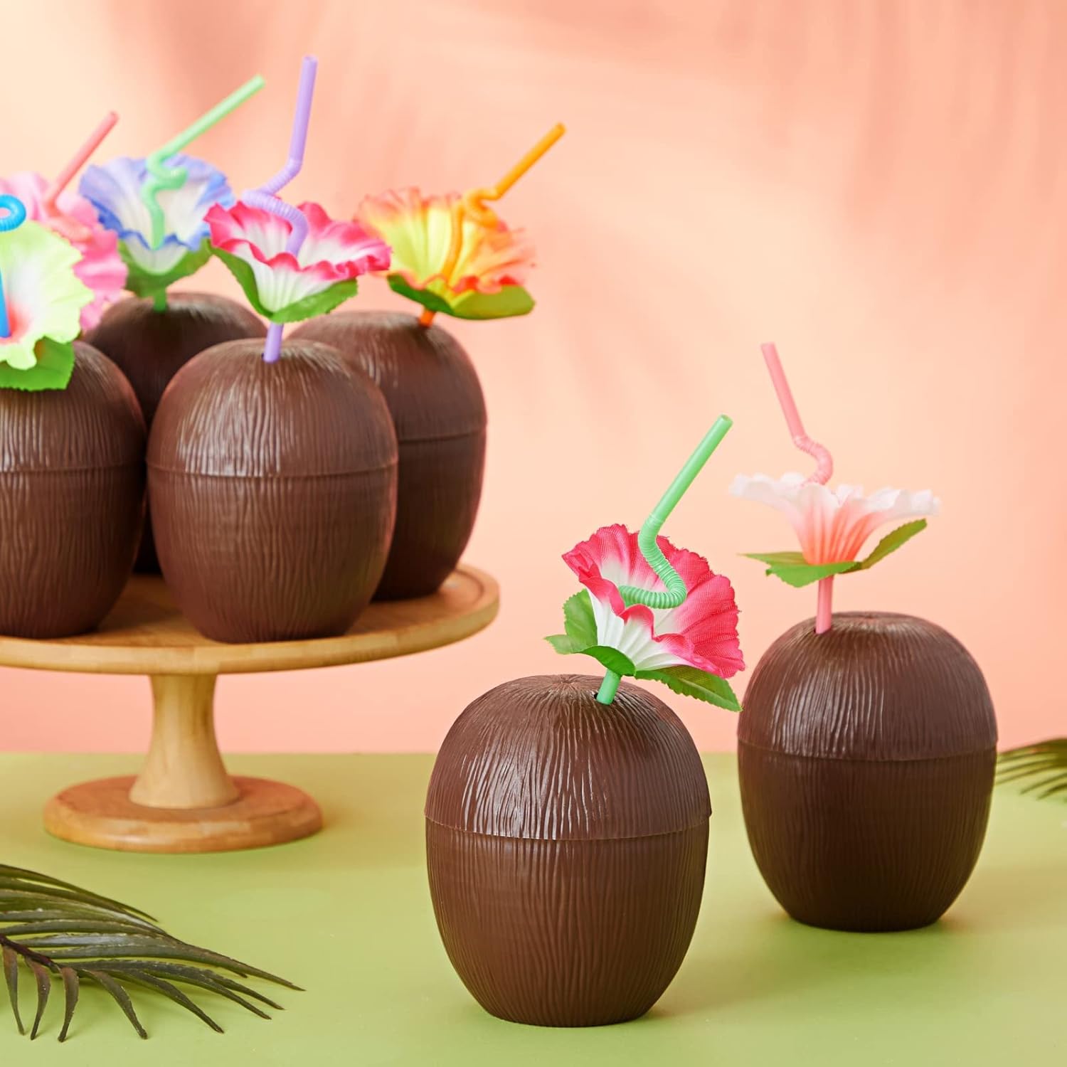 Juvale 12-Pack 16 Ounce Plastic Coconut Cups with Straws, Hawaiian Tropical Luau Party Supplies