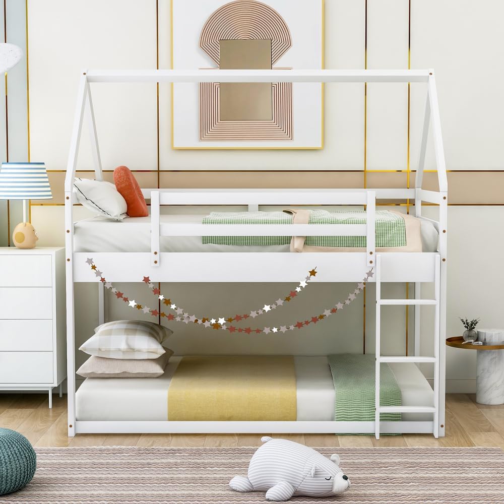 Twin Over Twin Low Bunk Bed, House Bed with Ladder, White 1-Numbers of Package Pine Wood+MDF 14pcs 77.3