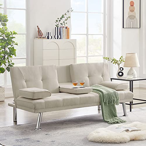 Convertible Folding Futon Sofa Bed,PU Leather Upholstered Modern Couch Loveseat Sleeper, Folding Daybed Guest Bed, Removable Armrests, 2 Cup Holders, Metal Legs (Beige)