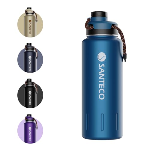 Insulated Water Bottles 32 oz, Santeco Stainless Steel Bottle with Lanyard & Wide Mouth Spout Lid, Leak Proof, Double Wall Vacuum Water Bottle, Keep Drinks Hot & Cold for Hiking Camping