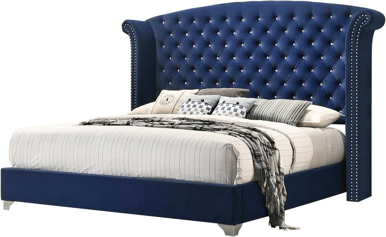 Benjara BM302868 Velvet Upholstery Tufted Headboard Giya Wingback King Size Bed Pacific Blue & Nickel