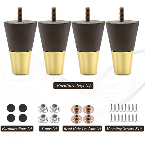 4pcs 4 Inch Wood Furniture Legs, Straight Conical Solid Wood Sofa Legs, Brown Mid-Century Style Furniture Feet for Sofa Cabinet Table Cupboard Couch Ottoman Home DIY Projects
