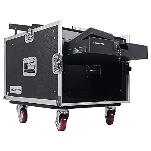 Sound Town 14U PA DJ Pro Audio Rack/Road ATA Case with 11U Slant Mixer Top, Locking Drawer, 20’’ Rackable Depth and Casters (STMR-14D3)