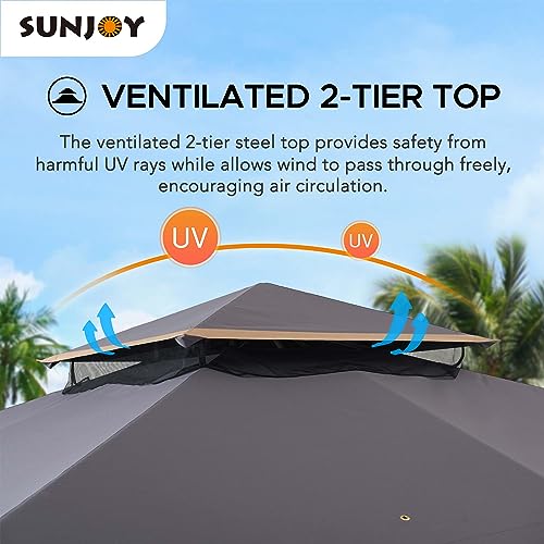 Sunjoy Montery Outdoor Patio 10 x 13 ft. Powder-Coated Steel Frame 2-Tier Soft top Gazebo with LED Lighting and Bluetooth Sound by SummerCove, Gray