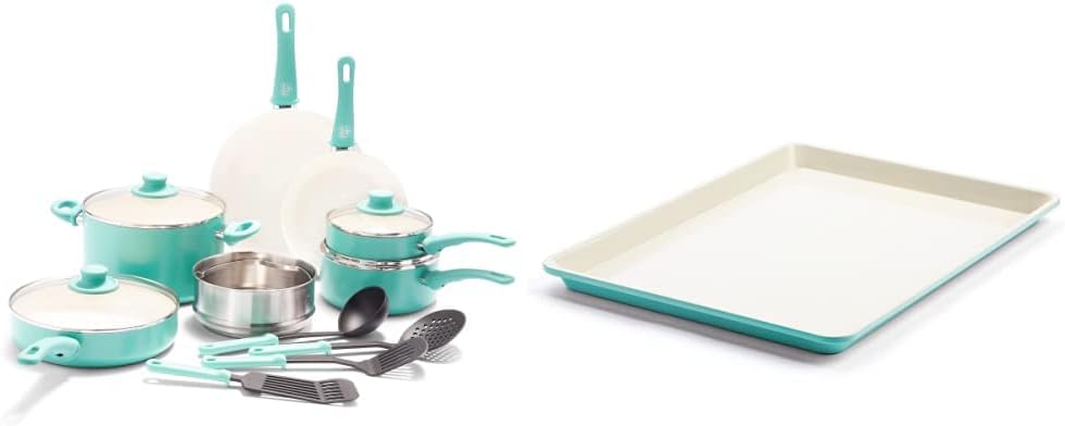 GreenLife Soft Grip Healthy Ceramic Nonstick, 15 Piece Cookware Pots and Pans Set, Induction,Turquoise & Bakeware Healthy Ceramic Nonstick 18.5