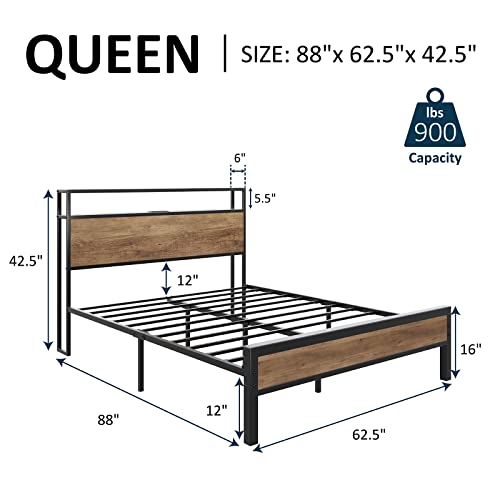 AMERLIFE King Size Bed Frame Industrial Platform Bed with Charging Station, 2-Tier Storage Headboard/No Box Spring Needed/Noise-Free/Rustic Brown
