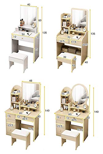 Luxury Dressing Vanity Table w/Stool for Bedroom, Makeup Table with Sliding Drawers & Cushioned Stool, Vanity Dressing Table with Dividers, Storage Shelves(C-white,70x40x135cm)