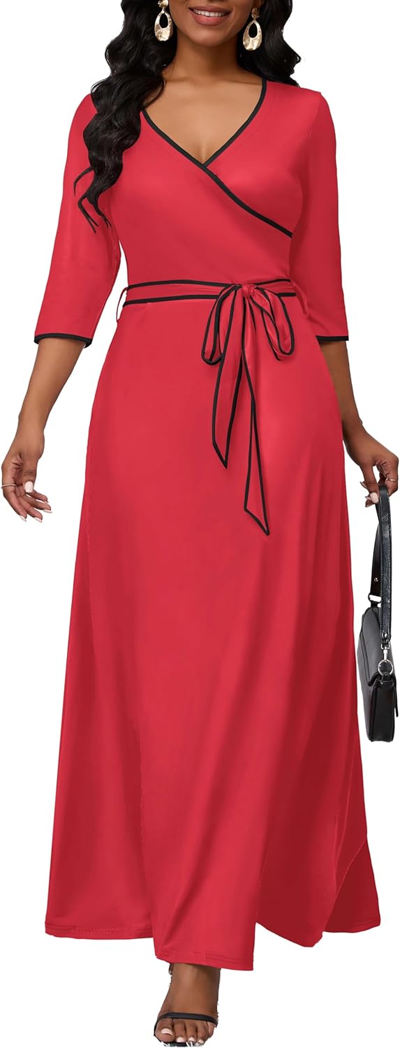 FANDEE Maxi Dress for Women 3/4 Sleeve Formal Wrap Dress Floor Length V Neck Long Dresses with Pocket&Belt Red Large