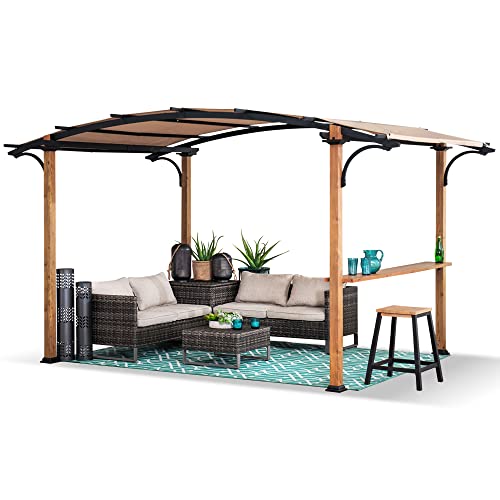 Sunjoy Outdoor Pergola 8.5 x 13 ft. Steel Arched Pergola with Tan Weather-Resistant Fabric Canopy for Patio, Backyard, Garden Activities