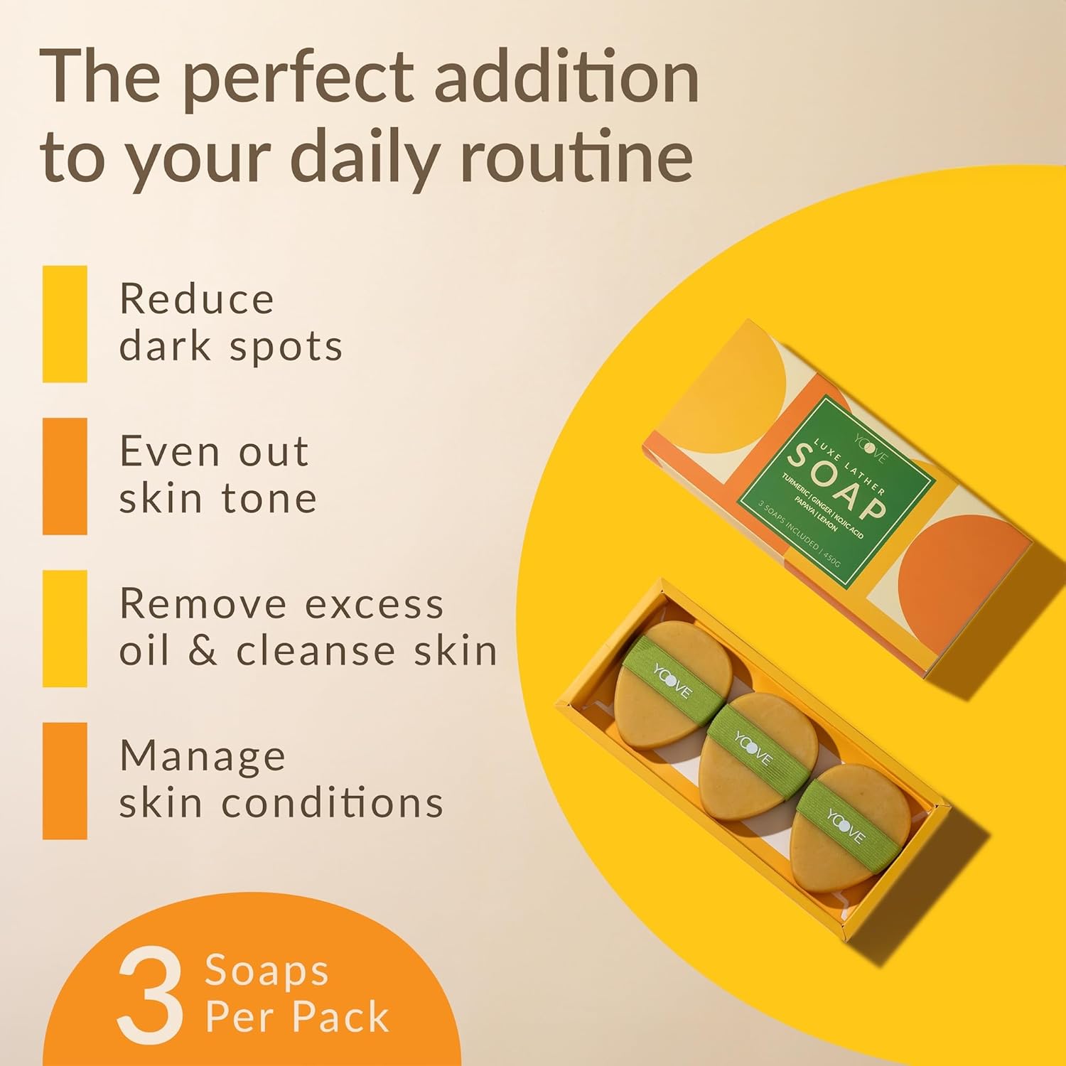 Yoove Turmeric And Kojic Acid Soap with Exfoliating Scrubber, Elastic Grip, Teardrop Shape - Gentle Cleanser Soap Bar from Natural Ingredients, Clear Dark Spots And Acne for Radiant Even Skin, 3-Pack